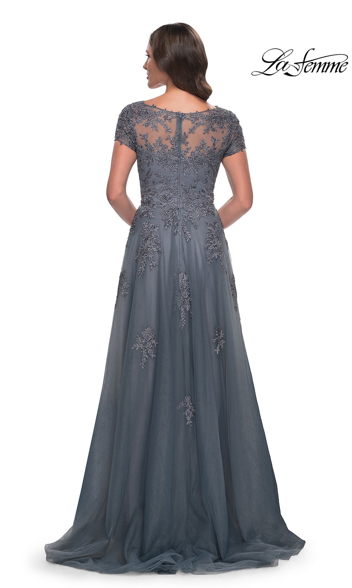 Back view of a grey floor-length La Femme 30228 formal dress with short sleeves and floral embroidery on the bodice and tulle skirt.